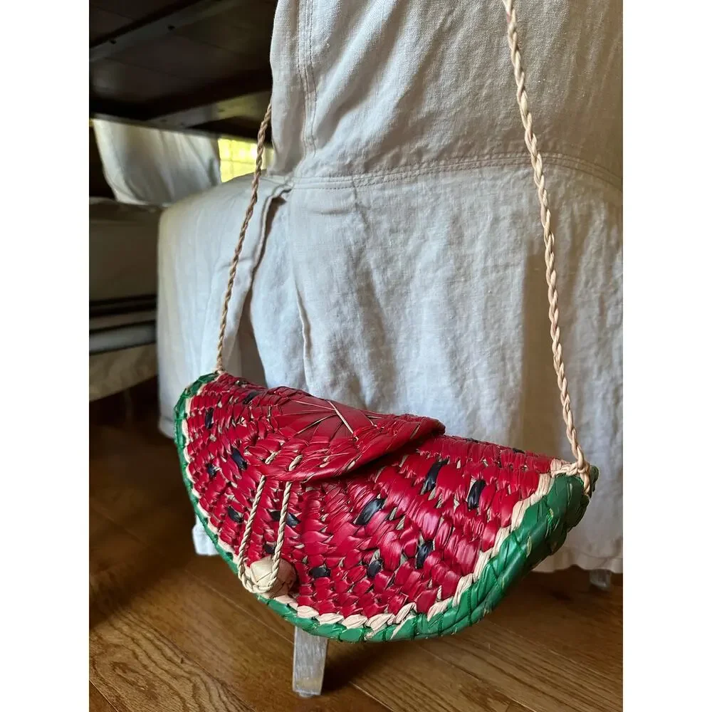 Straw Purse Watermelon Shoulder Crossbody Red fun handmade summer unique woven